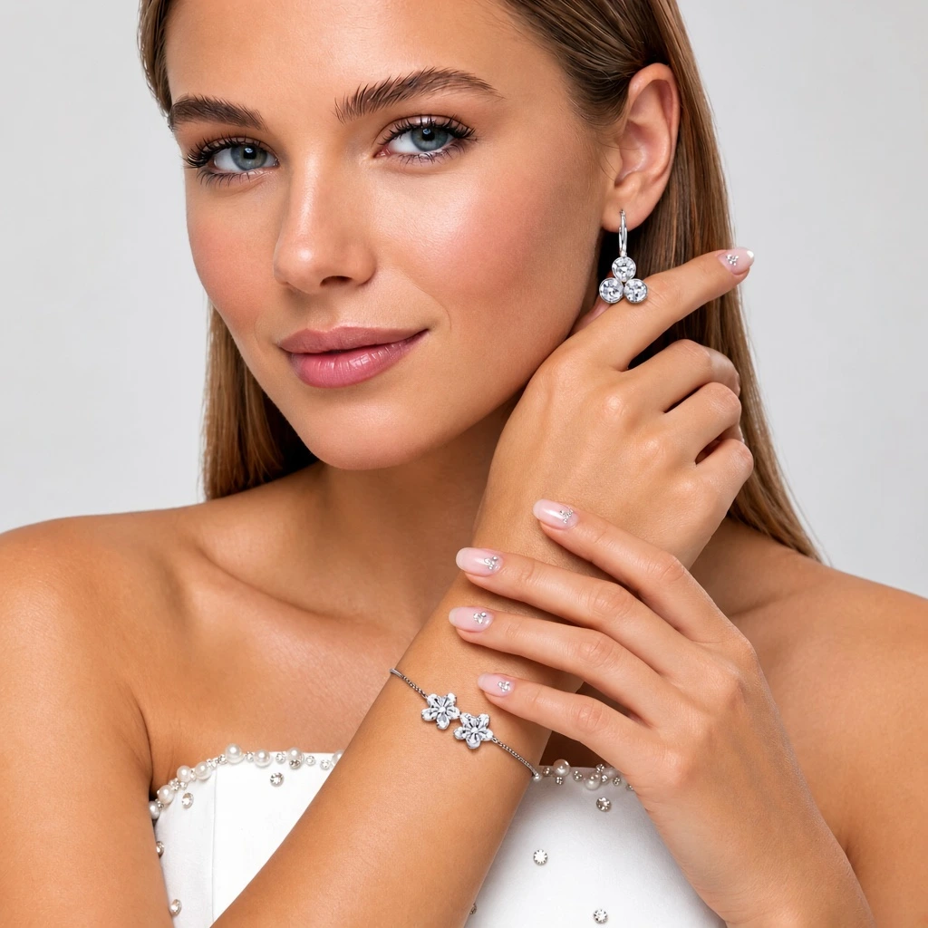 BonVulux model wearing crystal jewelry and crystal nail art